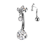 Implant-grade titanium threadless belly button ring with marquise CZ bottom and round bezel dangle top – Silver | Pressha