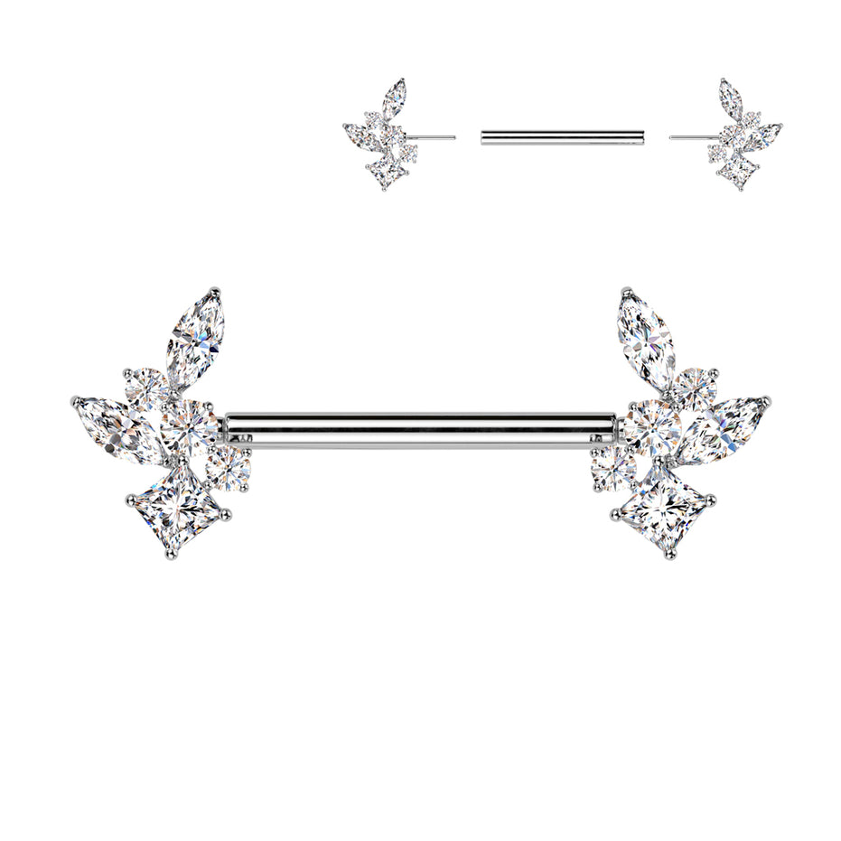 CZ Cluster Threadless Nipple Barbell in silver, 316L surgical steel, 14G, 9/16