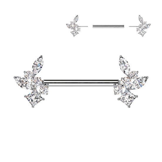 CZ Cluster Threadless Nipple Barbell in silver, 316L surgical steel, 14G, 9/16
