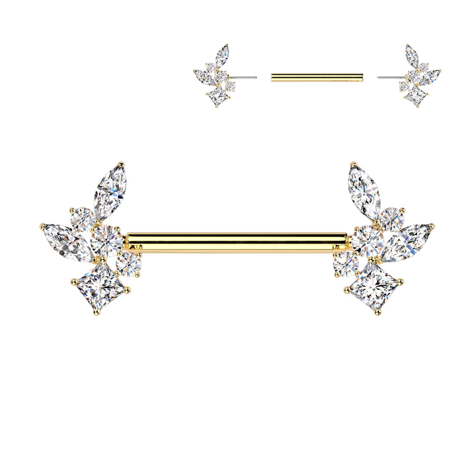 CZ Cluster Threadless Nipple Barbell in gold PVD, 316L surgical steel, 14G, 9/16