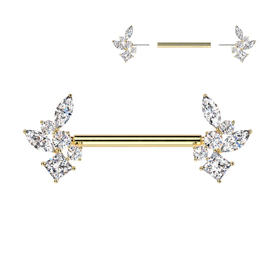 CZ Cluster Threadless Nipple Barbell in gold PVD, 316L surgical steel, 14G, 9/16