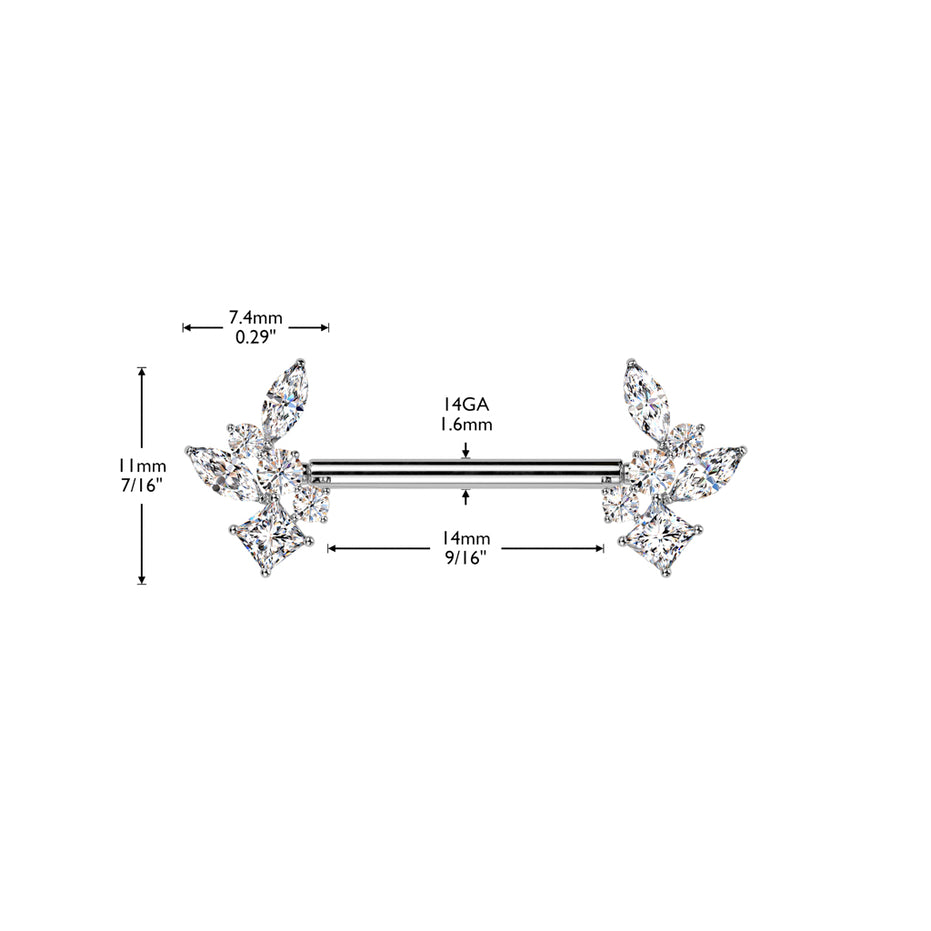 CZ Cluster Threadless Nipple Barbell size diagram in silver, 316L surgical steel, 14G, 9/16
