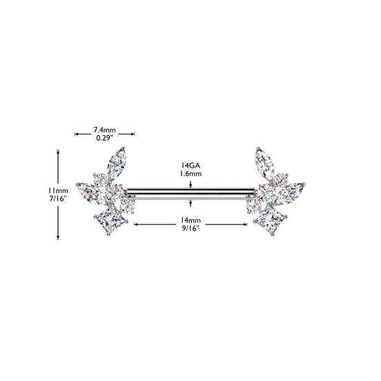 CZ Cluster Threadless Nipple Barbell size diagram in silver, 316L surgical steel, 14G, 9/16