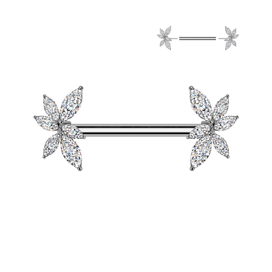 Marquise CZ Vine Threadless Nipple Barbell in silver, 316L surgical steel, 14G, 9/16