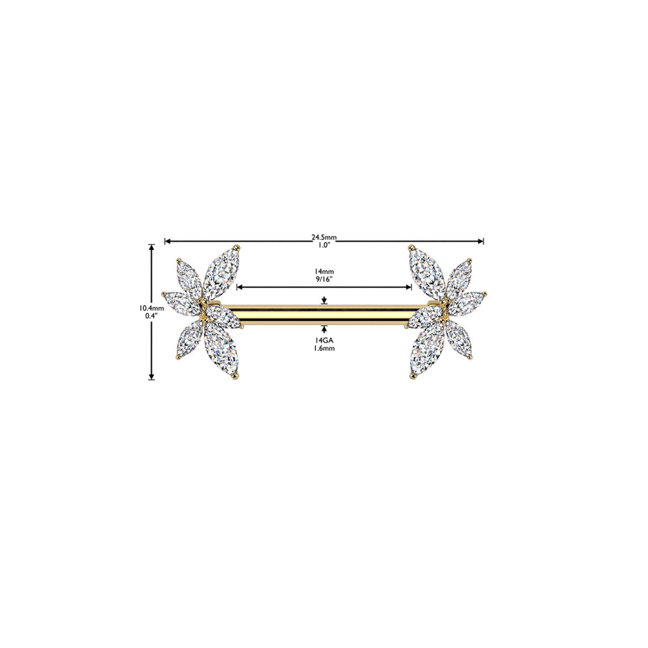 Marquise CZ Vine Threadless Nipple Barbell size diagram in silver, 316L surgical steel, 14G, 9/16
