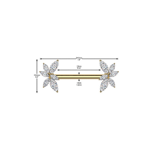 Marquise CZ Vine Threadless Nipple Barbell size diagram in silver, 316L surgical steel, 14G, 9/16