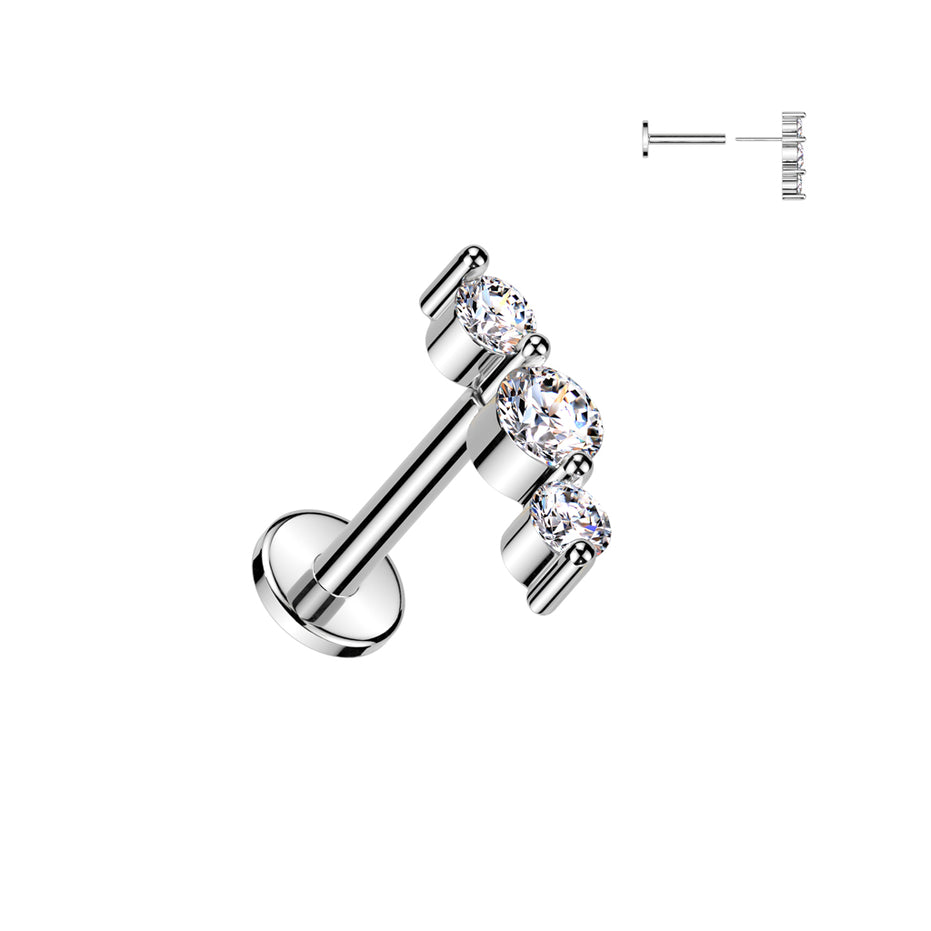 Triple CZ threadless flat back stud in silver, 16G 316L surgical steel for helix, conch & cartilage piercings
