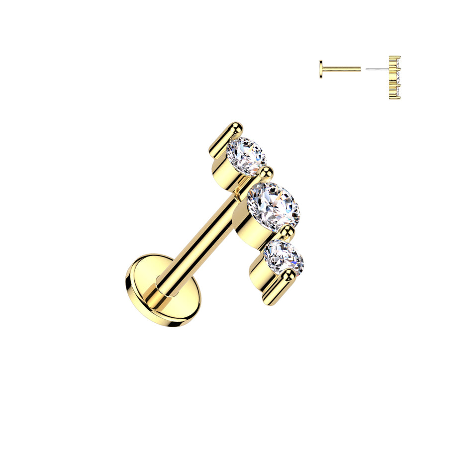 Triple CZ threadless flat back stud in gold PVD over surgical steel, 16G threadless push-in flat back labret