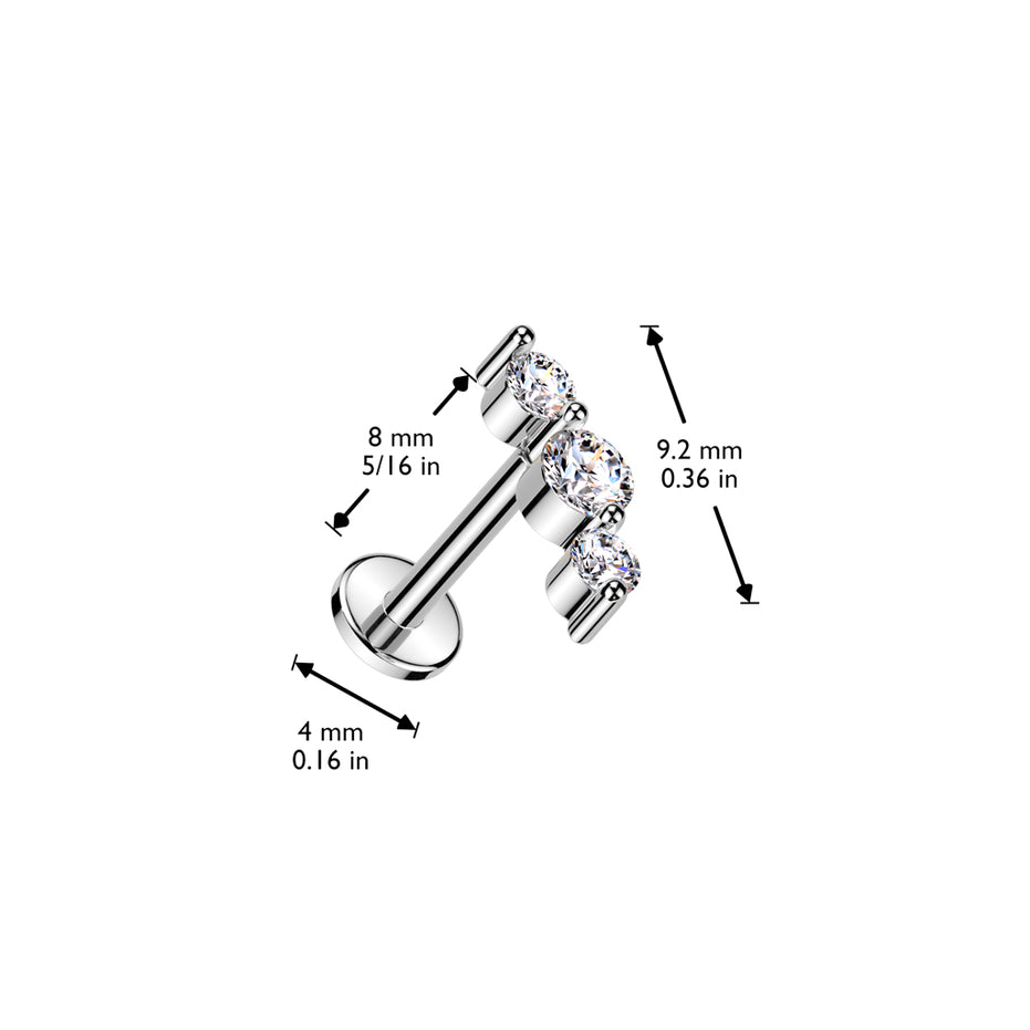 Angled view of triple CZ cluster threadless flat back stud in silver, 16G 316L surgical steel