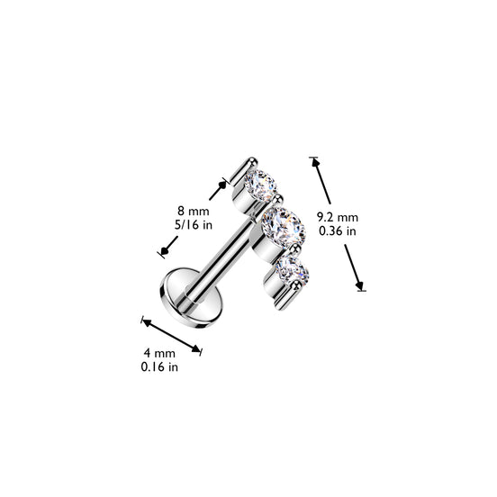 Angled view of triple CZ cluster threadless flat back stud in silver, 16G 316L surgical steel