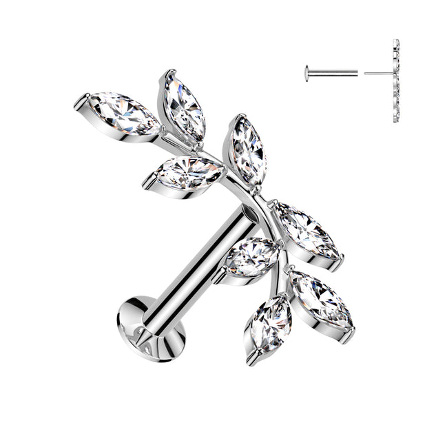8 Marquise CZ Vine Top Flat Back Stud – 16G 316L Surgical Steel Threadless Push-In Earring