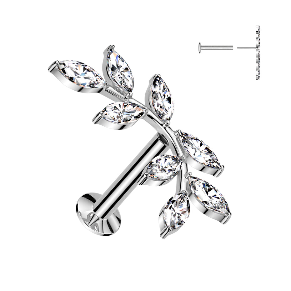 8 marquise CZ vine top threadless flat back stud in silver, 16G 316L surgical steel helix and cartilage earring