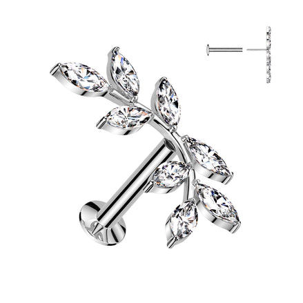 8 marquise CZ vine top threadless flat back stud in silver, 16G 316L surgical steel helix and cartilage earring