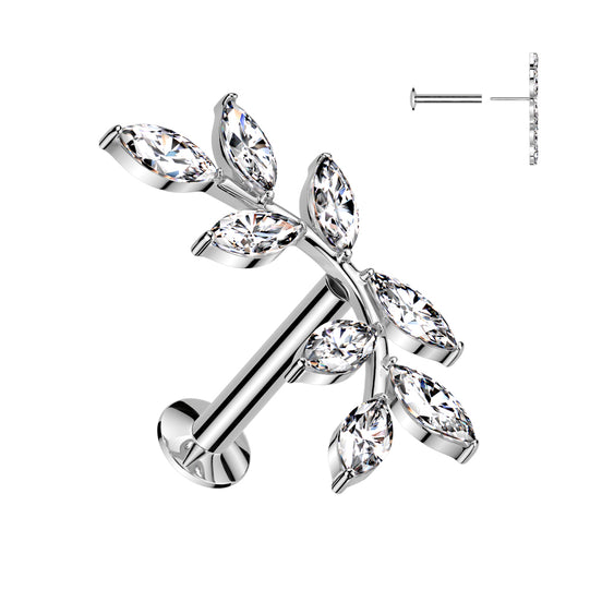8 marquise CZ vine top threadless flat back stud in silver, 16G 316L surgical steel helix and cartilage earring