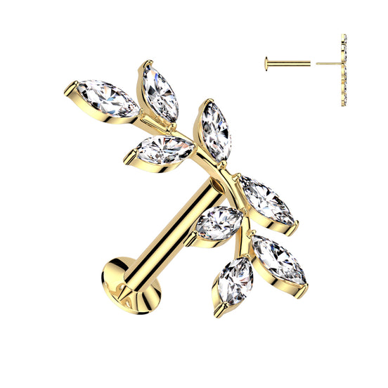 8 marquise CZ vine top threadless flat back stud in gold tone, 16G 316L surgical steel cartilage earring