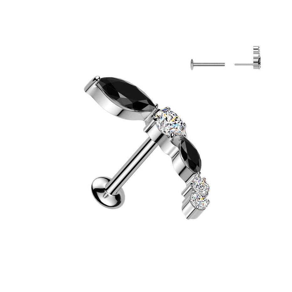 Curved CZ cluster threadless flat back stud in silver with black CZ stones, 16G 316L surgical steel cartilage stud