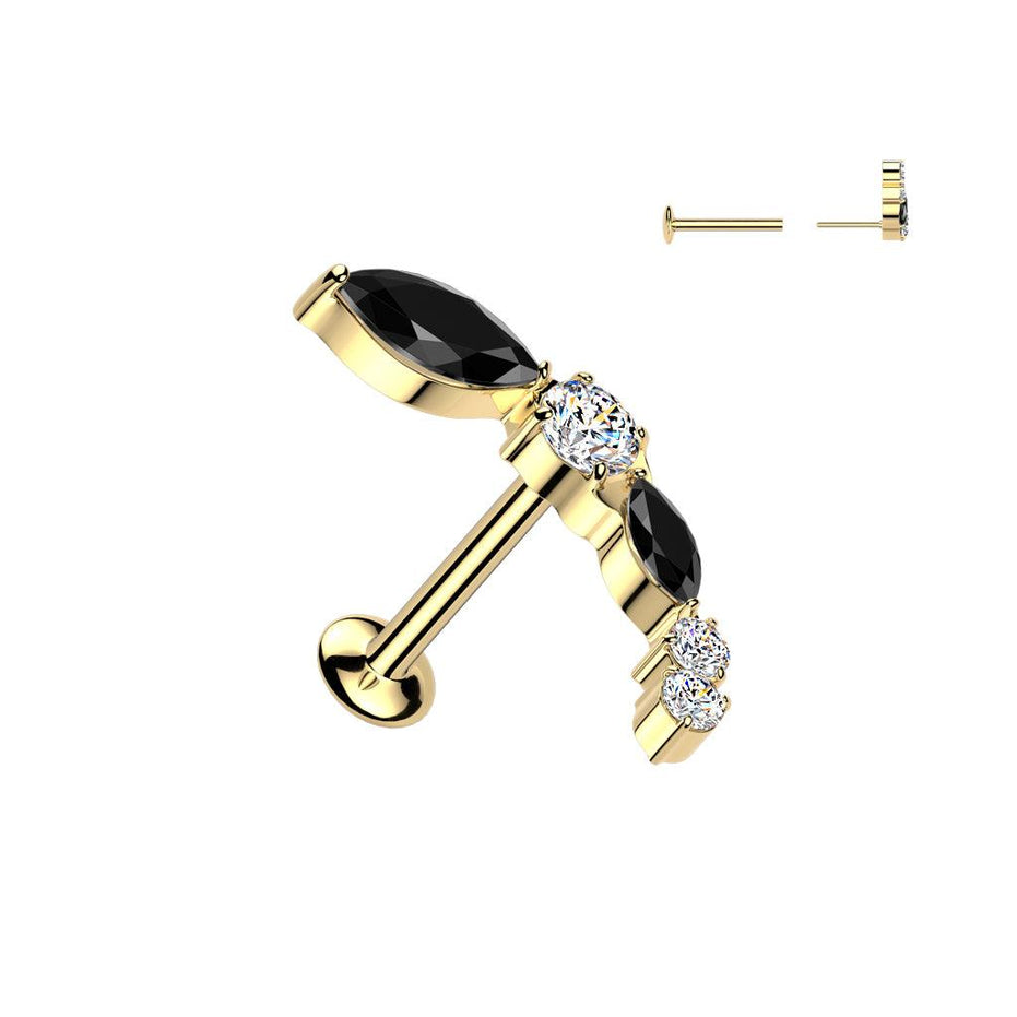Curved CZ cluster threadless flat back stud in gold tone with black CZ stones, 16G 316L surgical steel cartilage stud