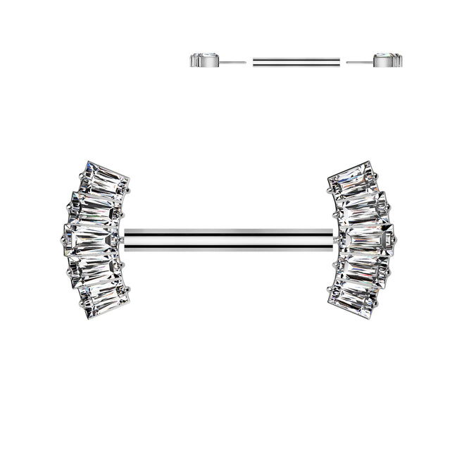 Implant Grade Titanium Threadless Nipple Barbell — 5-Baguette CZ Fan Ends