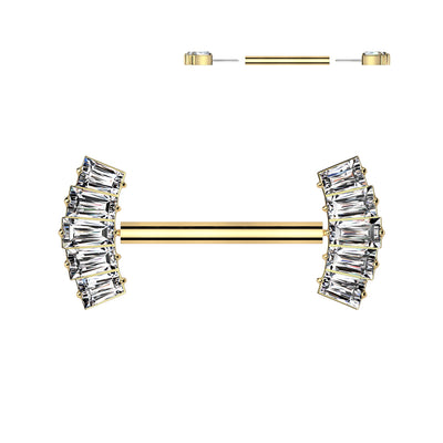5-Baguette CZ Fan Threadless Nipple Barbell in gold PVD, ASTM F-136 implant-grade titanium, 14G, 9/16