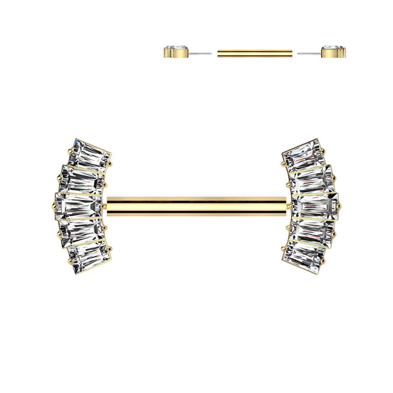 5-Baguette CZ Fan Threadless Nipple Barbell in gold PVD, ASTM F-136 implant-grade titanium, 14G, 9/16