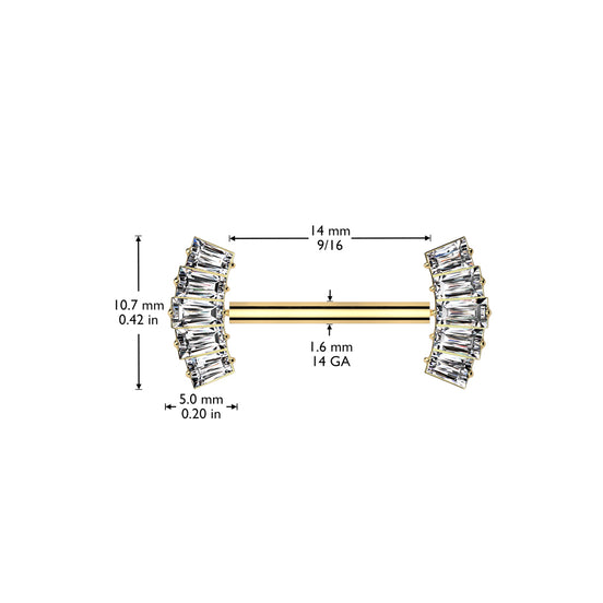 5-Baguette CZ Fan Threadless Nipple Barbell close-up in silver, ASTM F-136 implant grade titanium, 14G