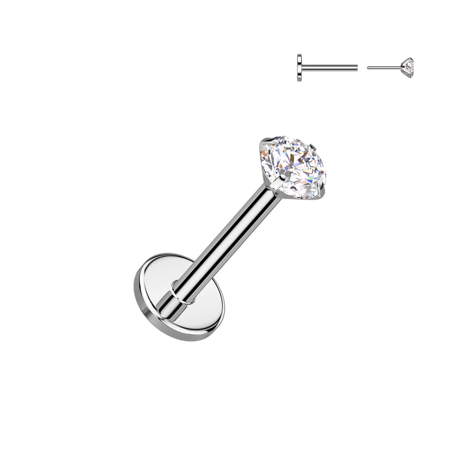 Prong-set CZ threadless flat back stud in silver, 16G ASTM F-136 implant grade titanium for helix, conch & cartilage piercings