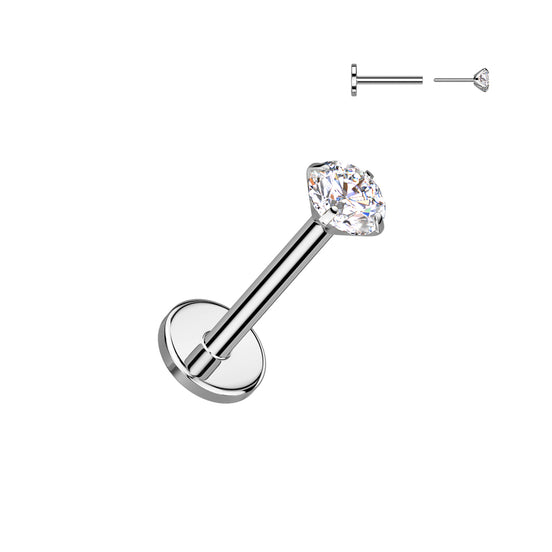 Implant-grade titanium threadless flat back stud with 4mm base and prong-set CZ top – Silver | Pressha