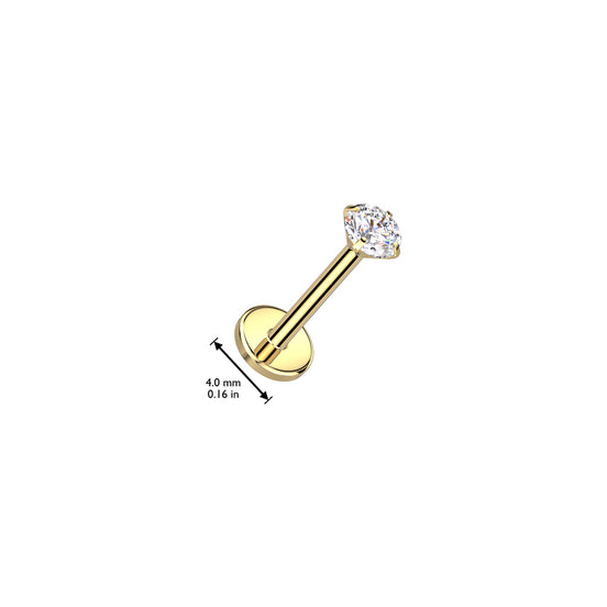 Side view of prong-set CZ threadless flat back stud showing 4mm flat disk back, 16G ASTM F-136 implant grade titanium