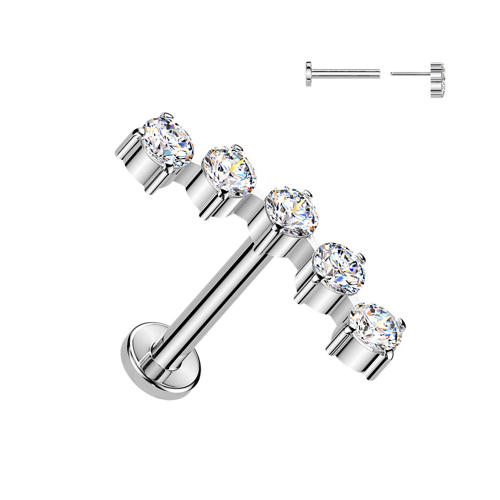 Implant Grade Threadless Titanium Flat Back Cartilage Stud – Curved 5‑Stone CZ