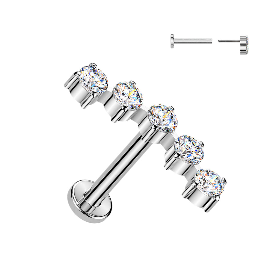Curved 5-stone CZ threadless flat back stud in silver, 16G ASTM F-136 implant grade titanium for helix, conch & cartilage piercings