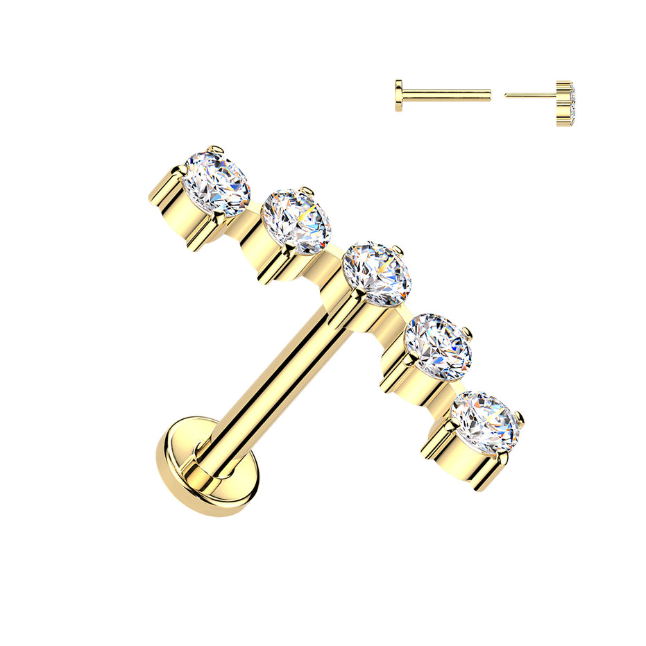 Curved 5-stone CZ threadless flat back stud in silver and 14K gold PVD, 16G ASTM F-136 implant grade titanium