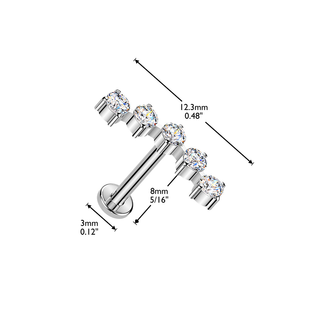 Implant Grade Threadless Titanium Flat Back Cartilage Stud – Curved 5‑Stone CZ