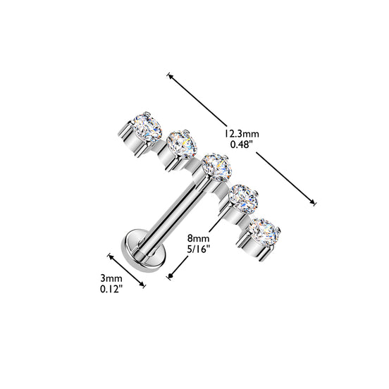 Size guide for curved 5-stone CZ flat back stud showing 16G threadless post dimensions