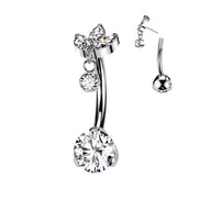 Implant-grade titanium threadless belly button ring with marquise CZ bottom and round bezel dangle top – Silver | Pressha