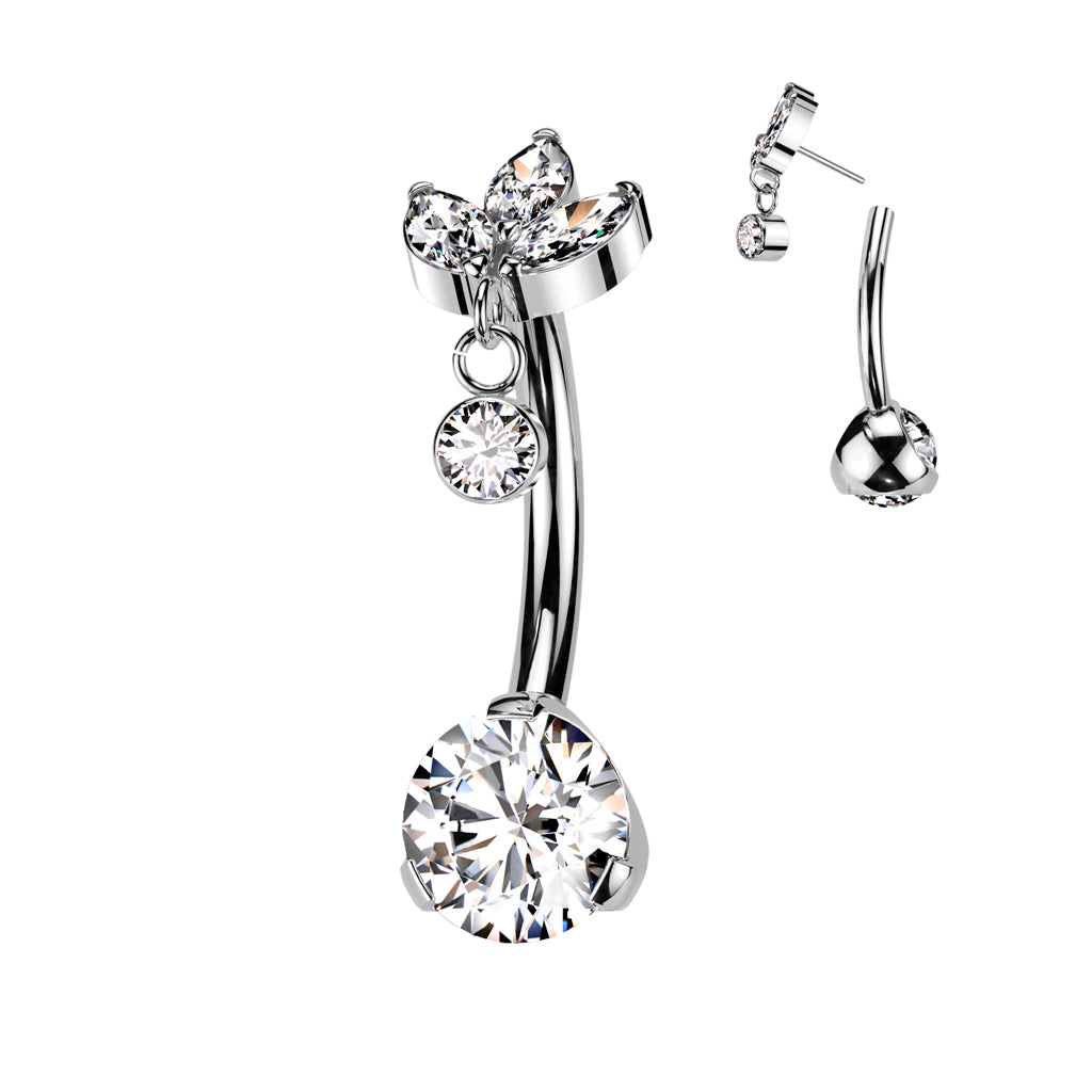 Implant-grade titanium threadless belly button ring with marquise CZ bottom and round bezel dangle top – Silver | Pressha