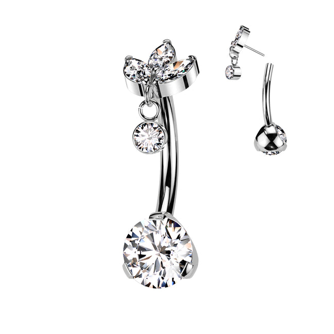 Implant-grade titanium threadless belly button ring with marquise CZ bottom and round bezel dangle top – Silver | Pressha