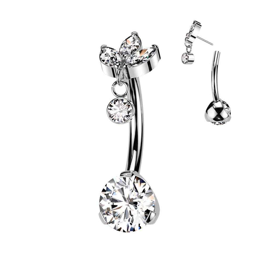 Marquise CZ & Bezel Dangle Titanium Belly Button Ring – 14G ASTM F-136 Navel Barbell