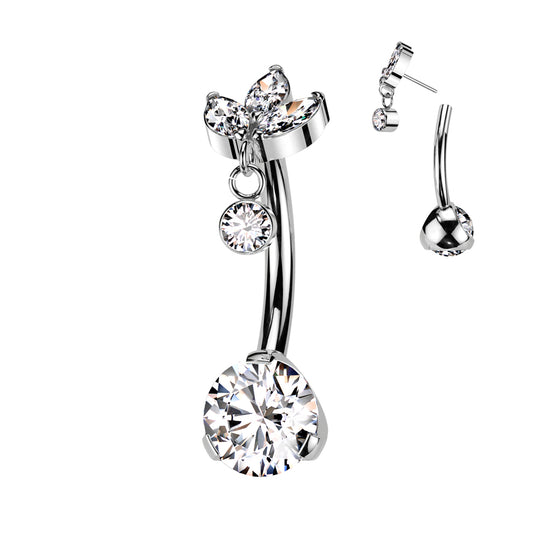Implant-grade titanium threadless belly button ring with marquise CZ bottom and round bezel dangle top – Silver | Pressha