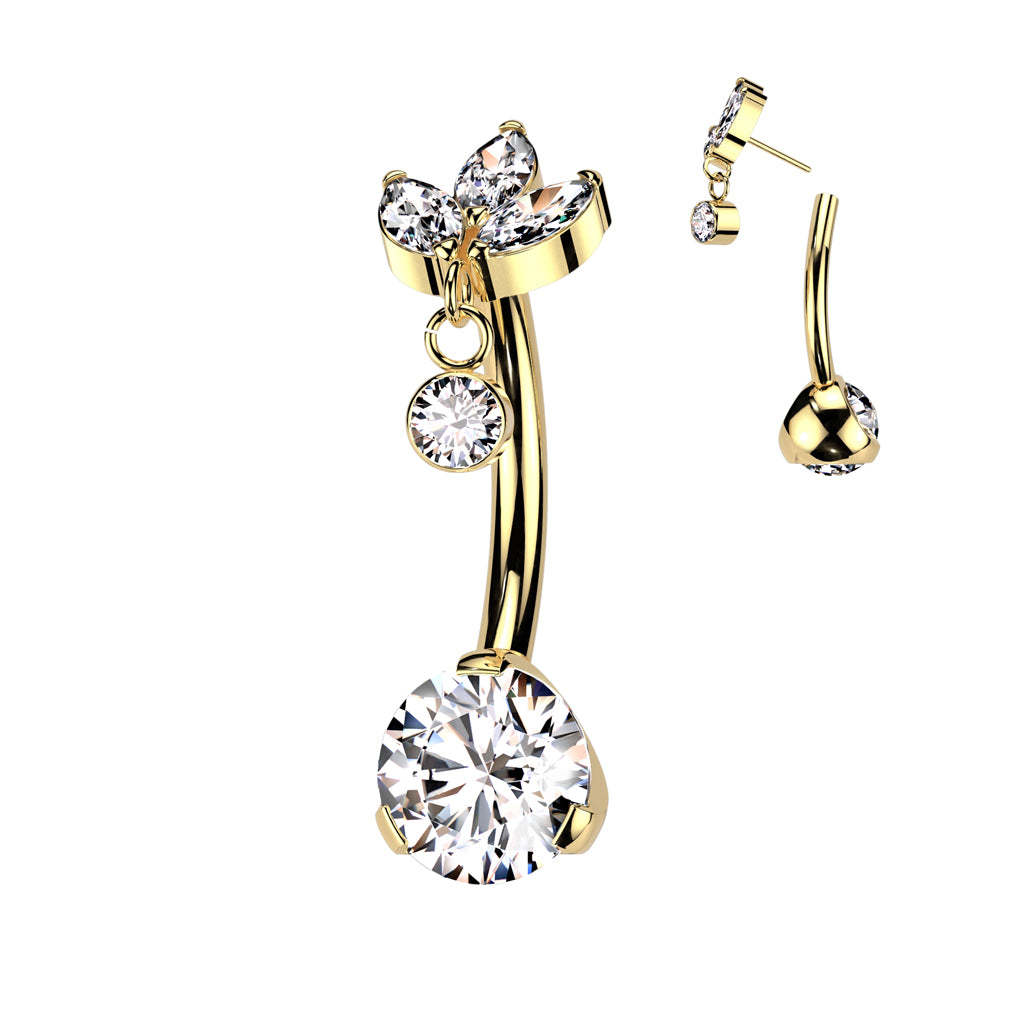 Implant-grade titanium threadless belly ring marquise CZ and bezel dangle – Gold | Pressha