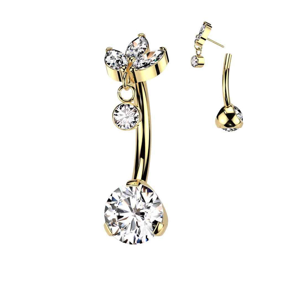 Marquise CZ & Bezel Dangle Titanium Belly Button Ring – 14G ASTM F-136 Navel Barbell