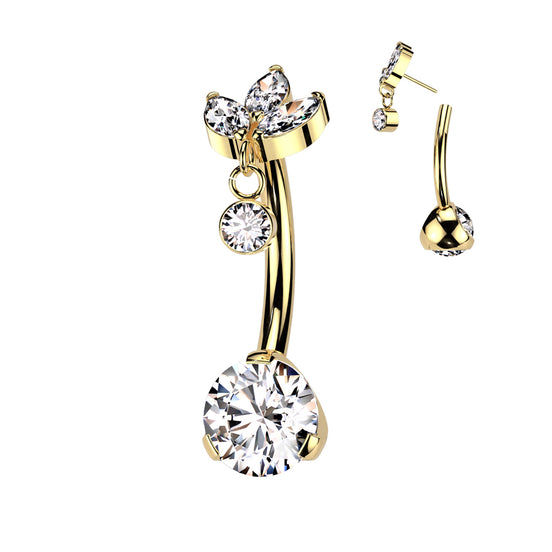 Implant-grade titanium threadless belly ring marquise CZ and bezel dangle – Gold | Pressha