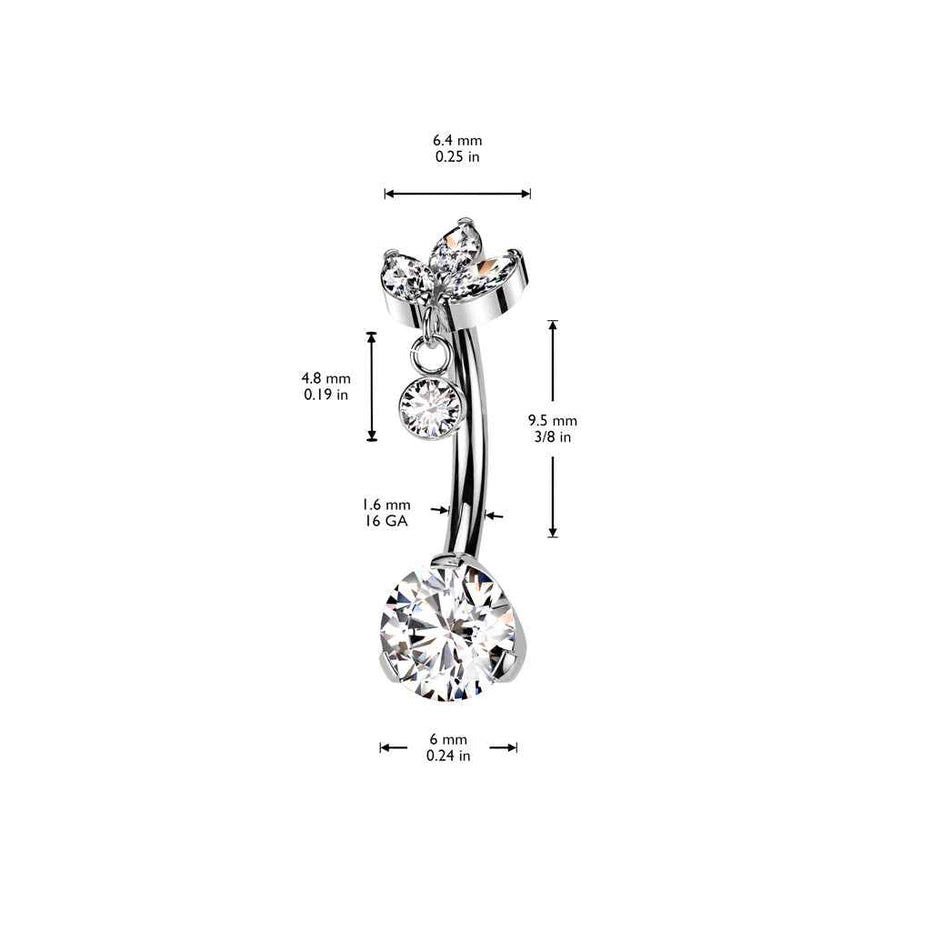 Marquise CZ & Bezel Dangle Titanium Belly Button Ring – 14G ASTM F-136 Navel Barbell