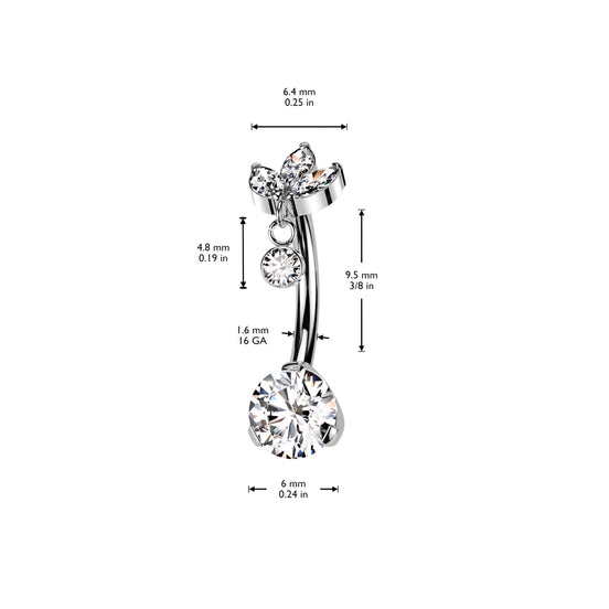 Marquise CZ & bezel dangle belly button ring detail view — 14G ASTM F-136 implant-grade titanium navel barbell by Pressha
