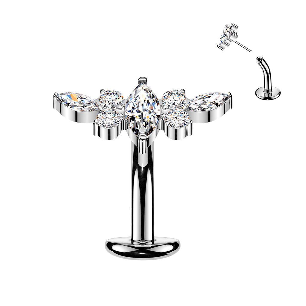 Implant-grade titanium threadless belly ring with marquise CZ center and CZ wing top – Silver | Pressha