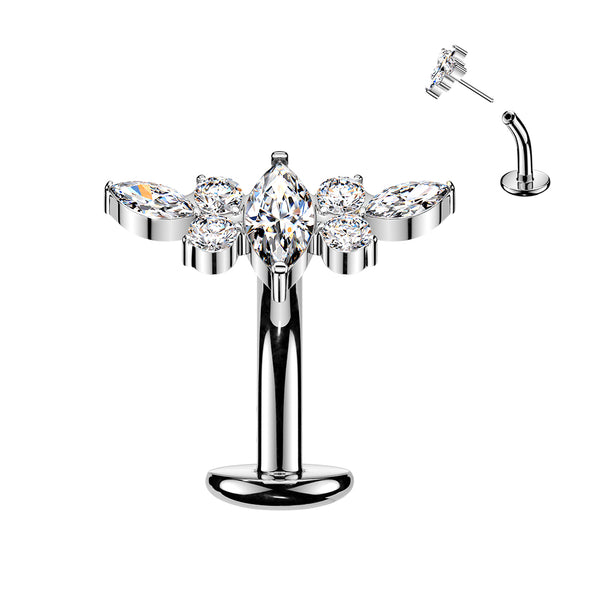 Implant-grade titanium threadless belly ring with marquise CZ center and CZ wing top – Silver | Pressha
