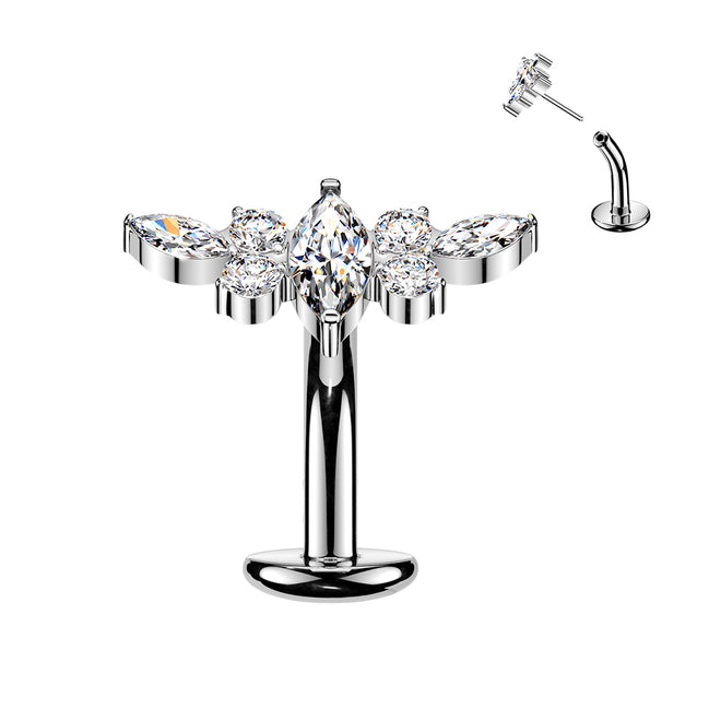 Implant-grade titanium threadless belly ring with marquise CZ center and CZ wing top – Silver | Pressha