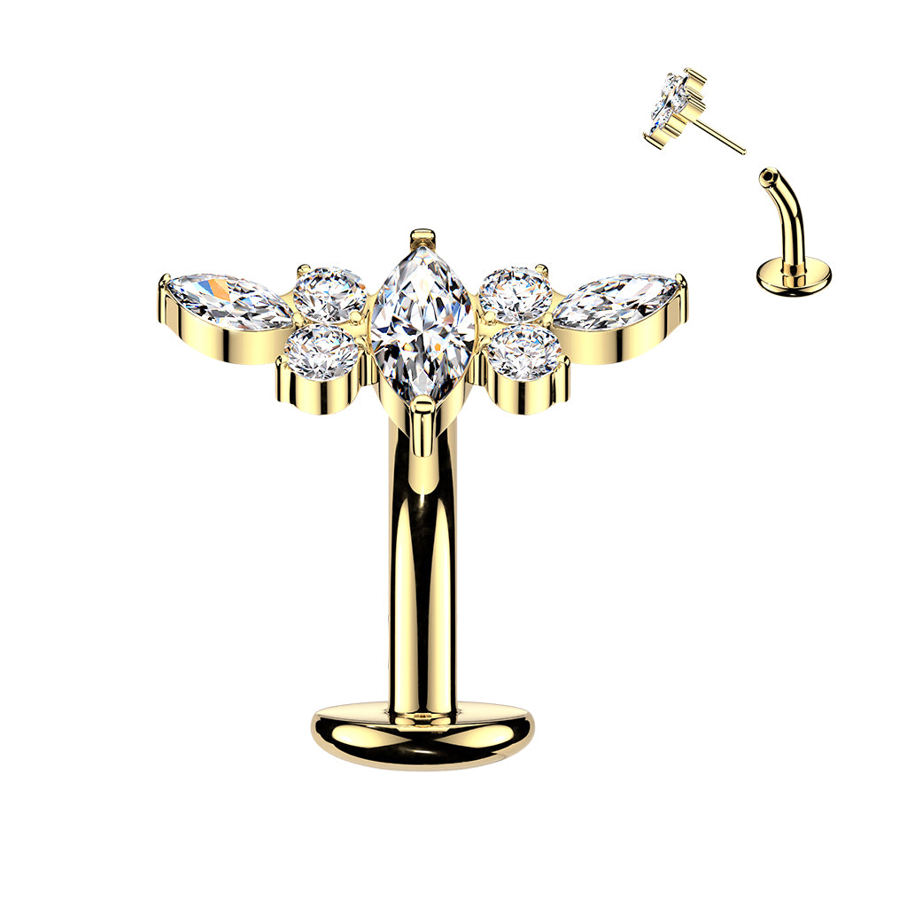 Implant-grade titanium threadless belly ring marquise CZ and wing top – Gold | Pressha