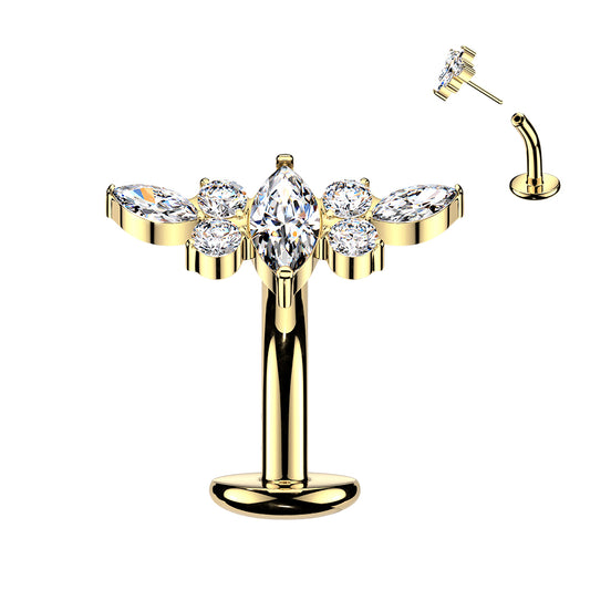 Implant-grade titanium threadless belly ring marquise CZ and wing top – Gold | Pressha