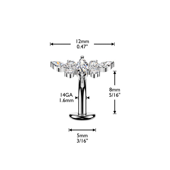 Marquise CZ & winged accent titanium belly ring sizing diagram — 14G 5/16" (8mm) ASTM F-136 threadless floating navel barbell by Pressha
