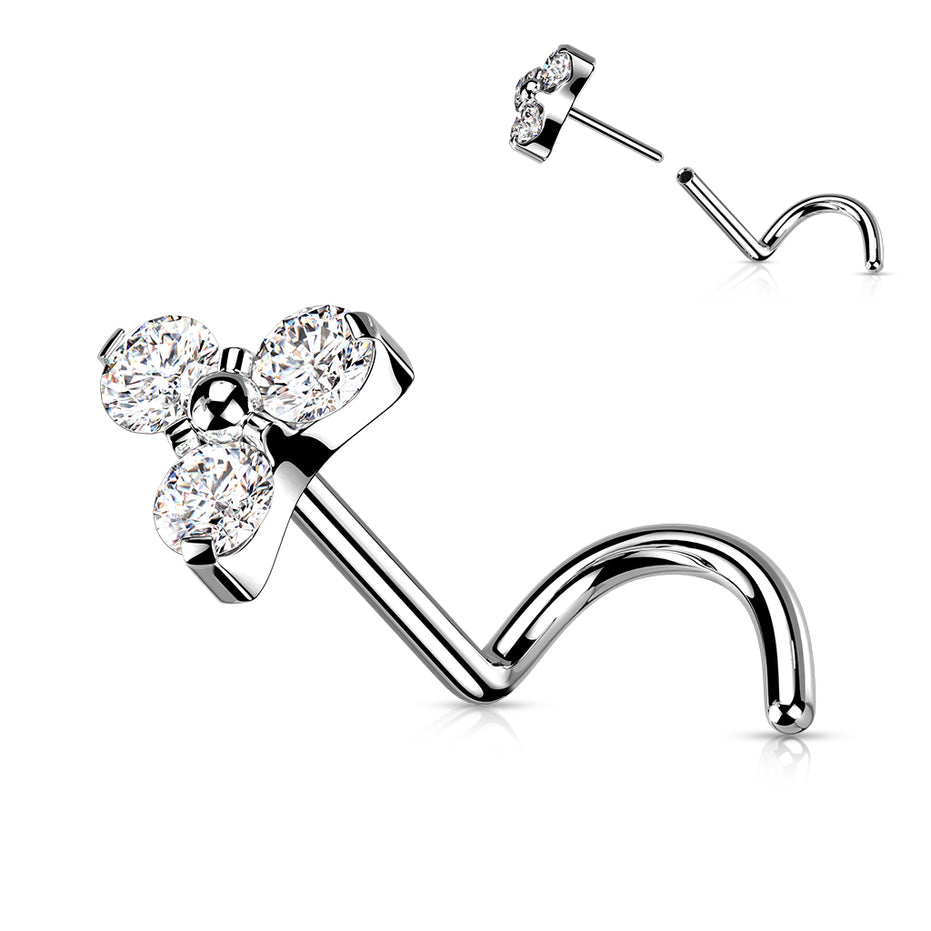 Prong Set CZ Trinity Nose Stud in silver, implant grade titanium, nose screw, 20G/18G